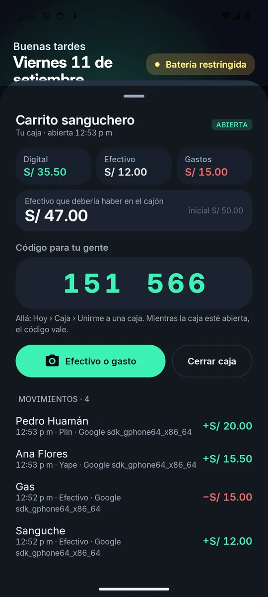 Caja abierta en Yavi con el código para el empleado, totales y arqueo